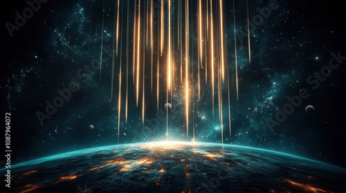Joyful , euphoria, radiance. A stunning cosmic scene featuring golden streaks falling from the universe toward a vibrant Earth, capturing the beauty of space and celestial phenomena.