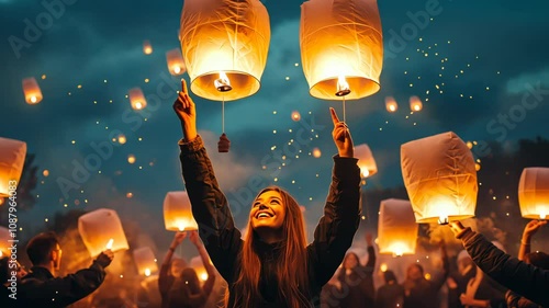 A woman is holding a lit lantern and smiling. The lanterns are lit and floating in the air, creating a festive atmosphere