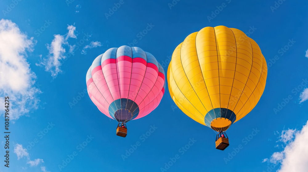 Fototapeta premium Joyful , euphoria, radiance. Two vibrant hot air balloons in pink and yellow soar against a bright blue sky with fluffy white clouds.