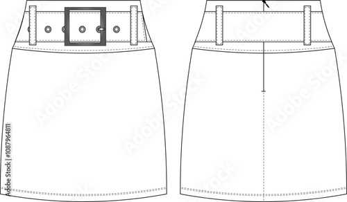 high mid rise high mid waist belted mini short body con pencil skirt template technical drawing flat sketch cad mockup fashion woman design style model 
