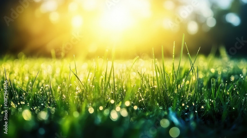Joyful , euphoria, radiance. Dew-kissed grass glimmers under golden sunlight, creating a serene and refreshing natural landscape.