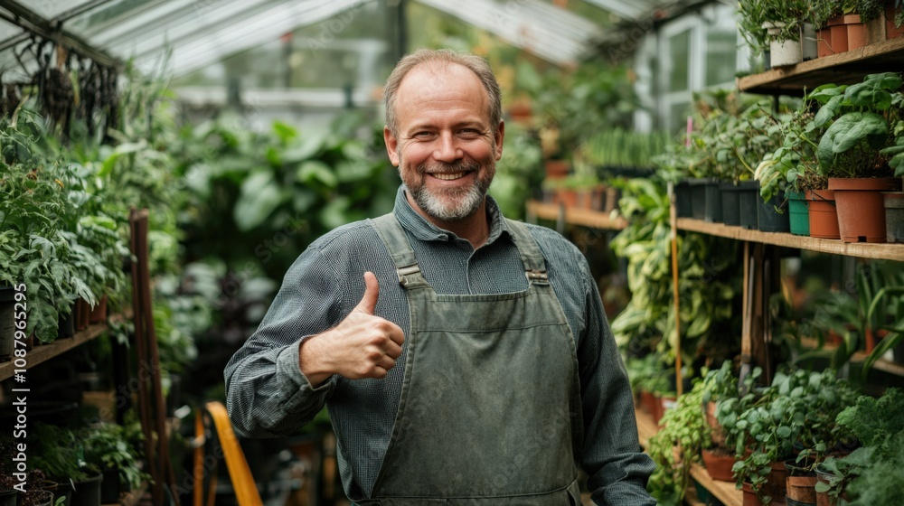 Smiling Gardener in a Lush Greenhouse with Vibrant Plants Smiling Gardener in a Lush Greenhouse with Vibrant Plants