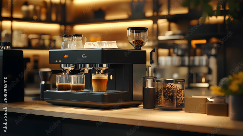 Espresso Machine Brewing Two Cups of Coffee in a Modern Cafe Setting Espresso Machine Brewing Two Cups of Coffee in a Modern Cafe Setting