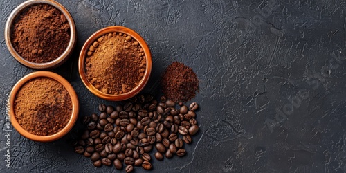 Coffee Beans and Ground Coffee in Bowls on Dark Background