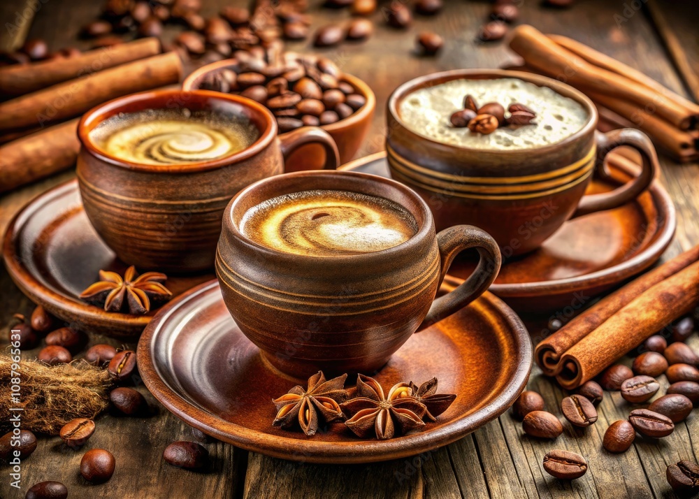 Freshly Brewed Aromatic Coffee in Handcrafted Ceramic Cups with Spices and Cream for Warm Beverage Lovers, Cozy Mornings, and Gourmet Experiences Freshly Brewed Aromatic Coffee in Handcrafted Ceramic Cups with Spices and Cream for Warm Beverage Lovers, Cozy Mornings, and Gourmet Experiences