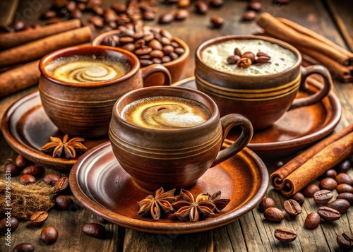 Freshly Brewed Aromatic Coffee in Handcrafted Ceramic Cups with Spices and Cream for Warm Beverage Lovers, Cozy Mornings, and Gourmet Experiences