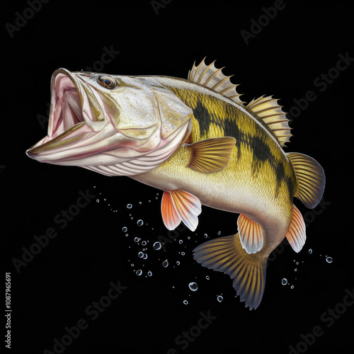 A large fish with a mouth open is swimming in the water. The fish is a pike and is surrounded by bubbles photo