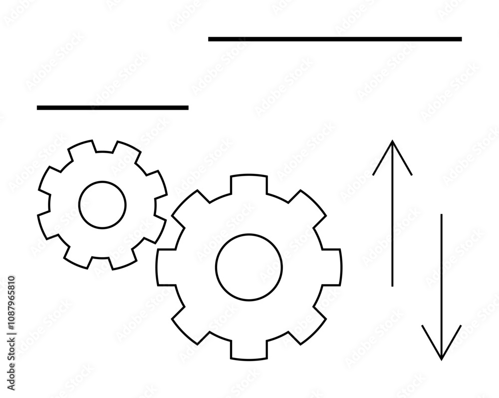 Two interlocking gears and upward-downward arrows signify mechanical interaction and movement dynamics. Ideal for engineering, automation, process design, manufacturing, workflow optimization Two interlocking gears and upward-downward arrows signify mechanical interaction and movement dynamics. Ideal for engineering, automation, process design, manufacturing, workflow optimization
