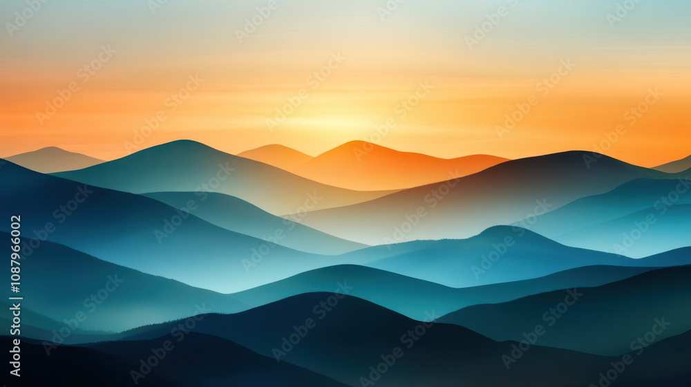 Joyful , euphoria, radiance. A serene landscape featuring layered mountains under a colorful sunset sky, creating a tranquil and picturesque view. Joyful , euphoria, radiance. A serene landscape featuring layered mountains under a colorful sunset sky, creating a tranquil and picturesque view.