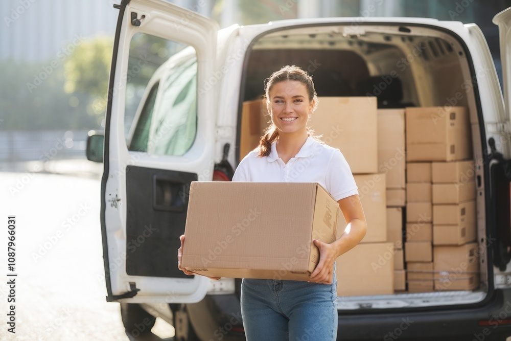 Smiling Female Delivery person with package on the way to the customer Smiling Female Delivery person with package on the way to the customer