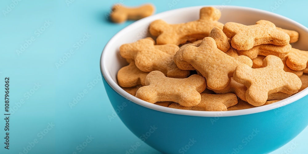 A bowl of small assorted dog biscuits shaped like bones is isolated on a blue background A bowl of small assorted dog biscuits shaped like bones is isolated on a blue background