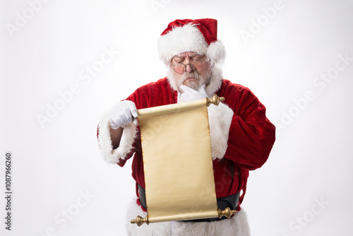 Santa Clause checking the naughty list while stroking or scratching his beard looking reflective or contemplative for the Christmas Holidays season photo