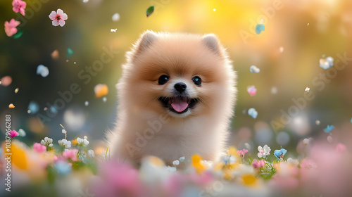 Adorable Pomeranian Puppy Smiles Amidst a Shower of Spring Blossoms in a Vibrant Garden