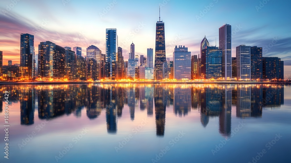 Fototapeta premium Chicago Skyline Reflecting on Lake Michigan