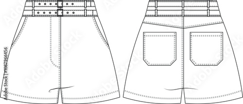 mid rise mid waist double belted mini denim jean short template technical drawing flat sketch cad mockup fashion woman design style model 
