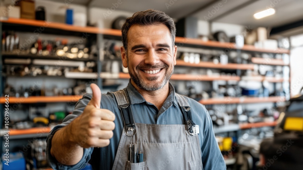 Smiling Mechanic in Workshop Giving Thumbs Up for Quality Service Smiling Mechanic in Workshop Giving Thumbs Up for Quality Service