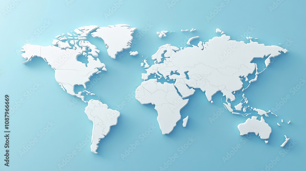 3D World Map on a Light Blue Background 3D World Map on a Light Blue Background