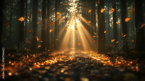 Joyful , euphoria, radiance. A serene forest scene with sunlight streaming through trees, illuminating fallen leaves and creating a tranquil atmosphere.