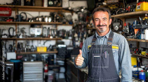 Confident Mechanic Giving Thumbs Up in a Well-Stocked Workshop