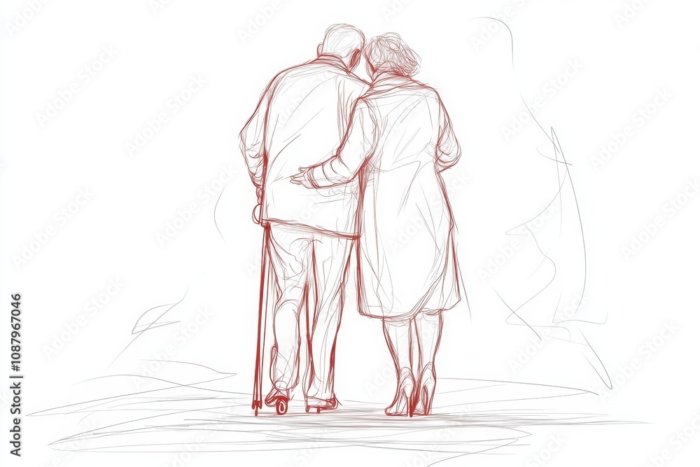 © SKIMP Art - A single-line drawing depicting an elderly man with crutches and a woman, embracing each other from behind on a white background Generative AI