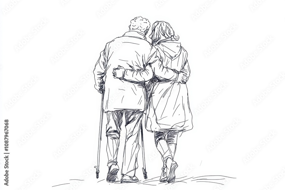 A single-line drawing depicting an elderly man with crutches and a woman, embracing each other from behind on a white background Generative AI A single-line drawing depicting an elderly man with crutches and a woman, embracing each other from behind on a white background Generative AI