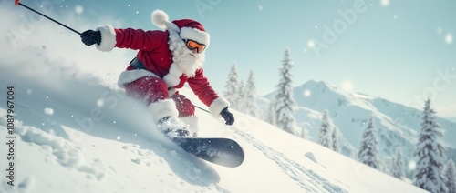 Santa Claus is joyfully snowboarding down a pristine snowy mountain slope, surrounded by winter scenery. Capturing the spirit of Christmas adventure and holiday fun in the outdoors.

 photo