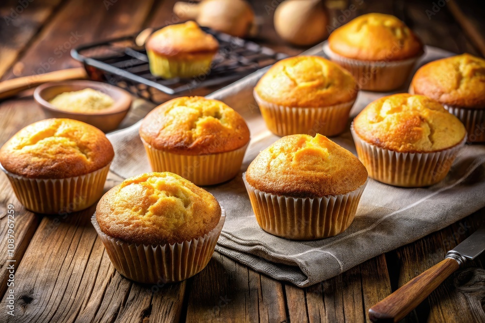 Golden Cornbread Muffins in a Row – Perfect for Food Photography and Baking Enthusiasts Golden Cornbread Muffins in a Row – Perfect for Food Photography and Baking Enthusiasts