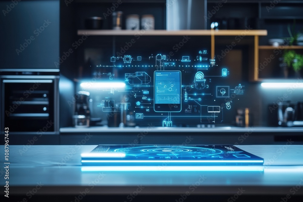 A sleek kitchen showcases advanced smart appliance technology with a digital interface floating above the countertop, enhancing convenience. Generative AI A sleek kitchen showcases advanced smart appliance technology with a digital interface floating above the countertop, enhancing convenience. Generative AI