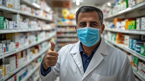 Pharmacist in Medical Store Giving Thumbs Up with Confidence