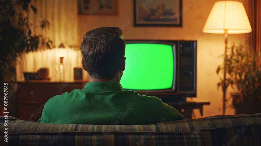 person from behind watching tv with green screen at home person from behind watching tv with green screen at home