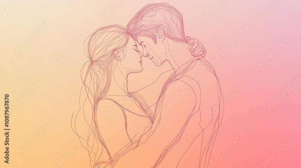 Minimalist line art capturing the essence of love between a couple in soft gradient background Minimalist line art capturing the essence of love between a couple in soft gradient background