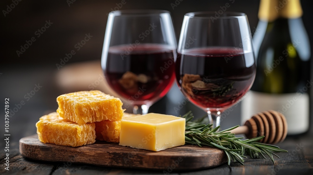 Red wine, cheese, and honey on wooden board. Red wine, cheese, and honey on wooden board.
