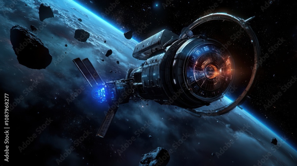 Futuristic space station, equipped with solar panels and a circular docking bay, orbits a vibrant blue planet while navigating through a field of asteroids Futuristic space station, equipped with solar panels and a circular docking bay, orbits a vibrant blue planet while navigating through a field of asteroids