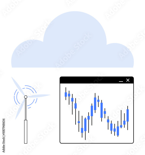 Wind turbine generating energy, cloud overseeing, fluctuating financial graph on computer screen. Ideal for renewable energy, data analysis, environmental tech, finance, sustainability, cloud