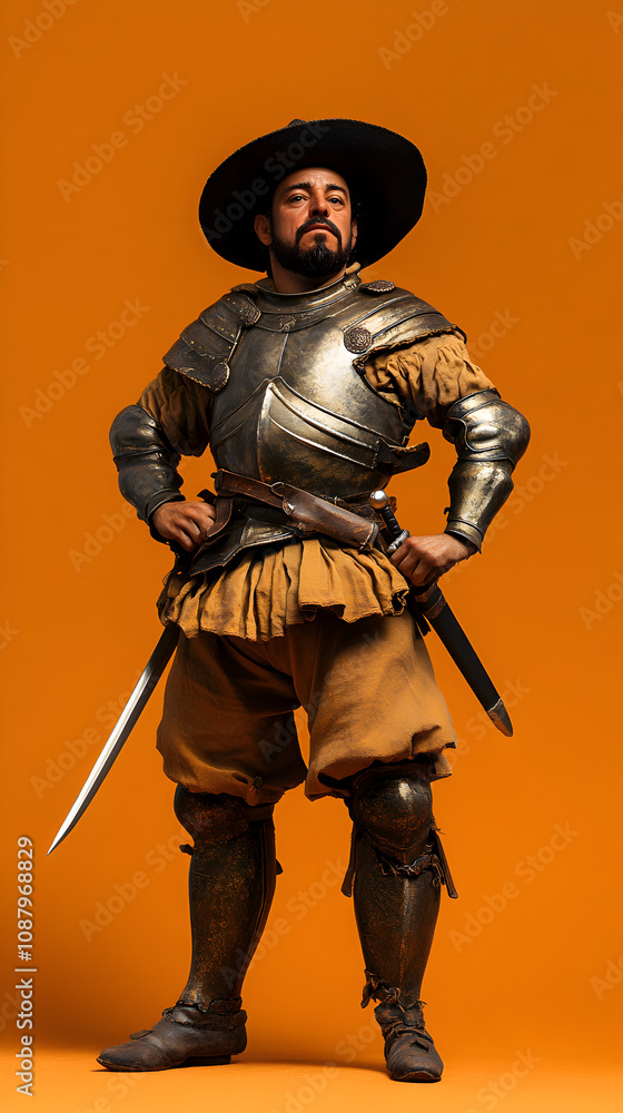 Fototapeta premium A Spanish conquistador in elaborate armor with a sword at his side, posed against a warm terracotta background. A conquistador prepared for adventure.