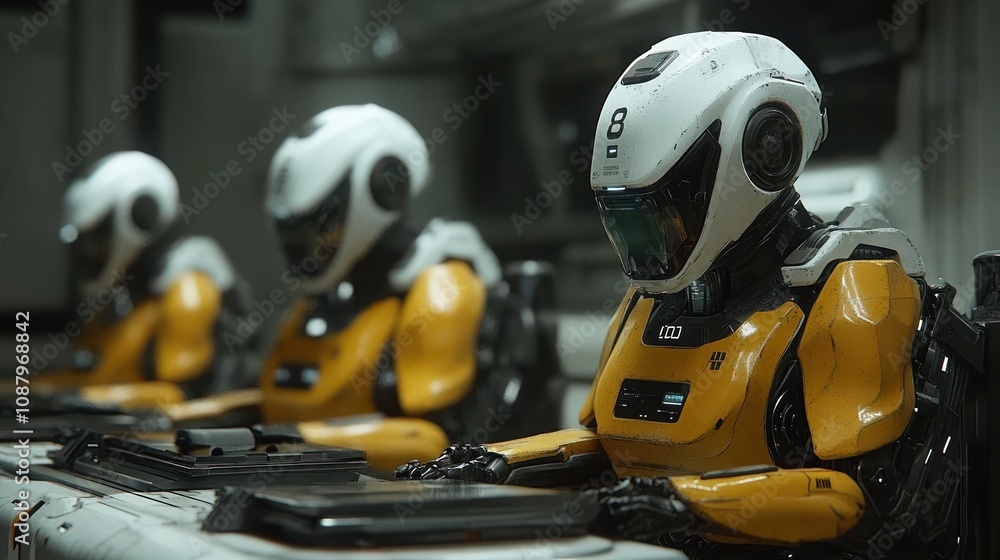 Robots seated at workstations in a futuristic setting. Robots seated at workstations in a futuristic setting.