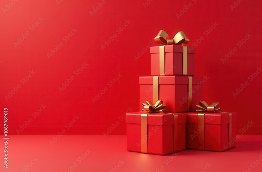 Obraz premium Stack of red gift boxes adorned with golden ribbons on a vibrant red background with space for text, ideal for Christmas, New Year, or festive-themed designs and promotions