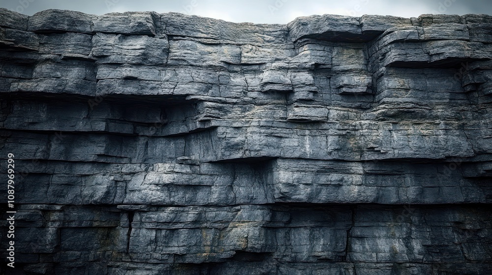 Fototapeta premium Rocky cliff face with layered textures and shadows.
