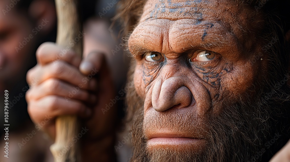 A close-up of a male Neanderthal with intense eyes and a rugged appearance, holding a wooden tool in a prehistoric setting. A close-up of a male Neanderthal with intense eyes and a rugged appearance, holding a wooden tool in a prehistoric setting.
