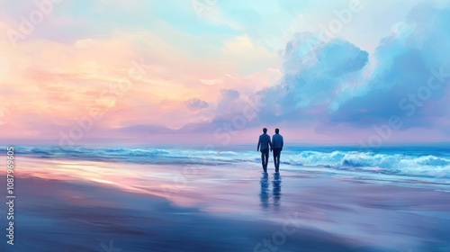 Couple enjoys a romantic walk hand-in-hand on a tranquil beach at dusk with a pastel sky