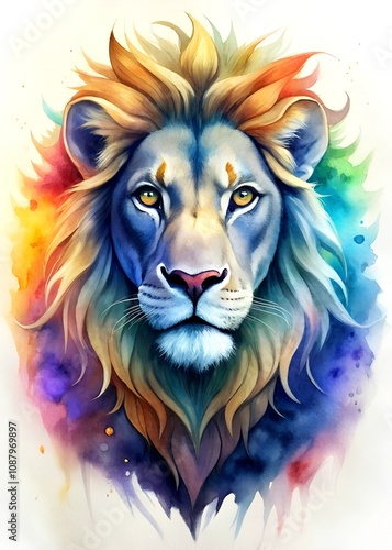 high quality, logo style, Watercolor, powerful colorful lion face logo facing forward