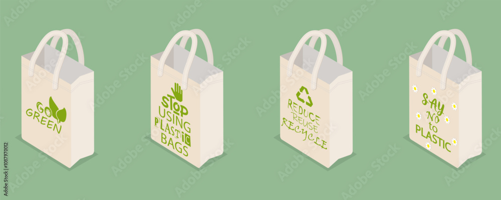 3D Isometric Flat Vector Illustration of Eco-friendly Bags, Sustainable Shopping And Reusable Packaging 3D Isometric Flat Vector Illustration of Eco-friendly Bags, Sustainable Shopping And Reusable Packaging