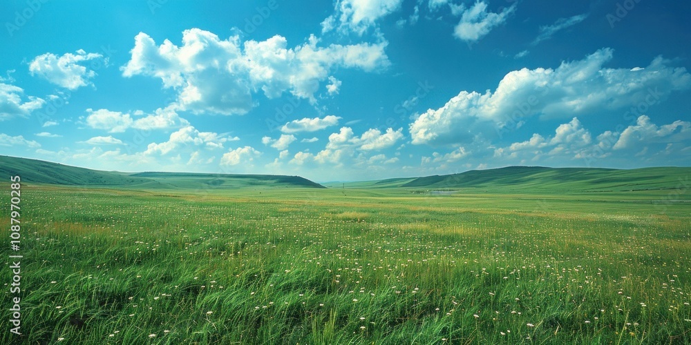 Fototapeta premium Green Field Under Blue Sky with Fluffy Clouds