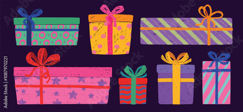 Set of grungy decorated Christmas gifts, New Year presents. Hand drawn colorful gift boxes with ribbon for festive events and celebrations