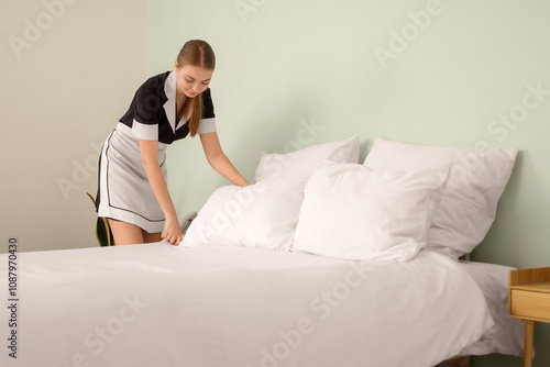 Young housemaid making bed ...