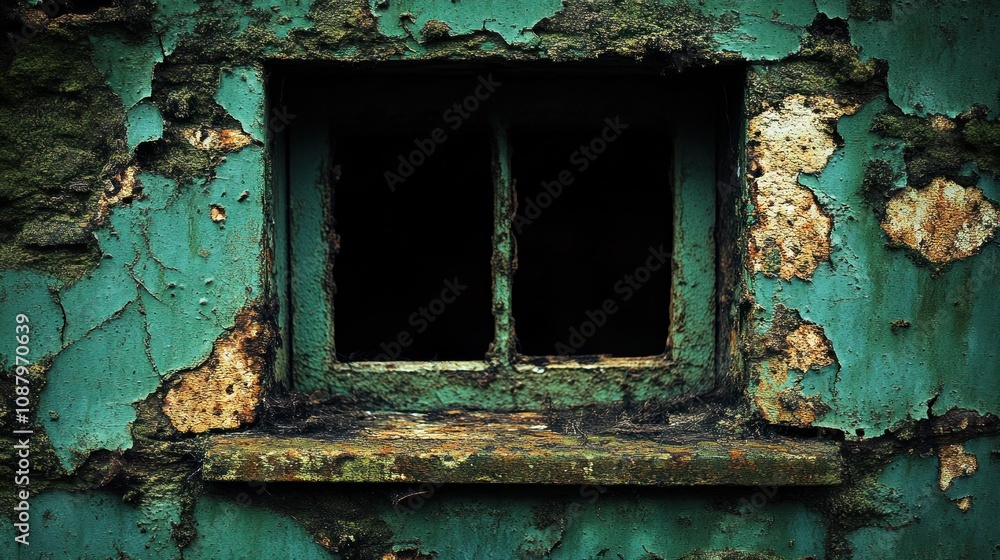 Naklejka premium Ruined teal building with a dark, empty window.