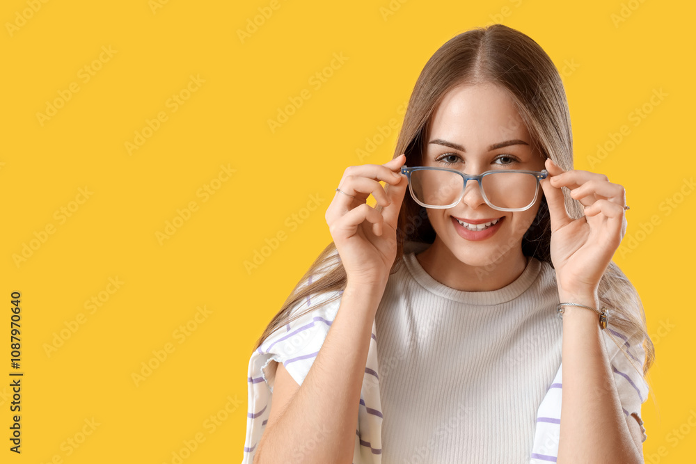 Young woman in eyeglasses on yellow background, closeup Young woman in eyeglasses on yellow background, closeup