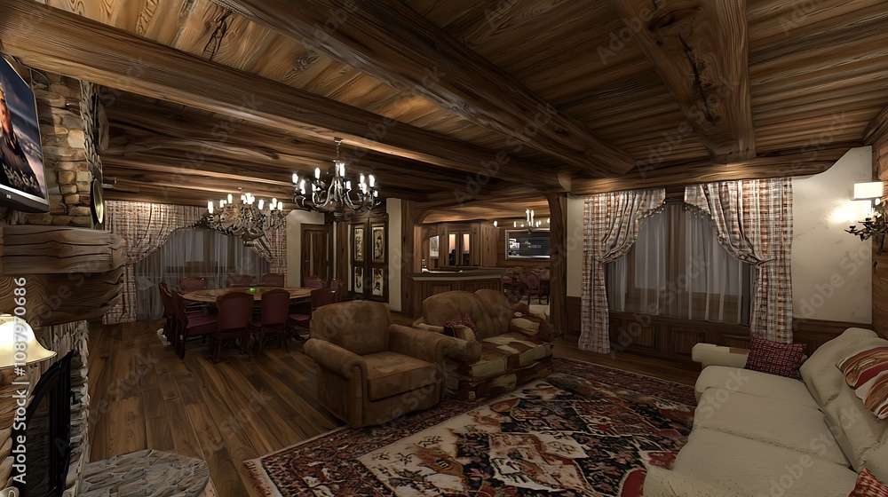 Cozy wooden living room with rustic decor, fireplace, and dining area. Cozy wooden living room with rustic decor, fireplace, and dining area.