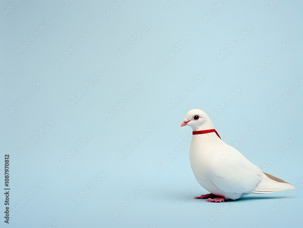 A single white dove with a tiny red ribbon around its neck, against a pale blue background, symbolizing peace during the holidays. A dove representing peace.


