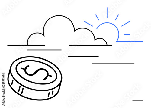 Dollar coin floating below clouds as the sun rises, symbolizing optimism in economic growth and new opportunities. Ideal for finance, investment, wealth management, economic forecasts, business